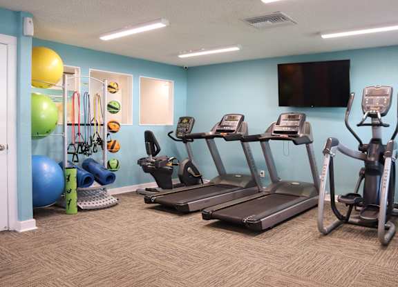 A gym with treadmills, elliptical machines, and exercise balls.