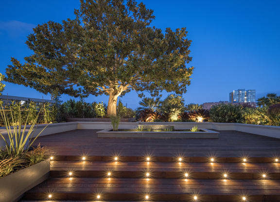 the terrace has a tree and lights on it