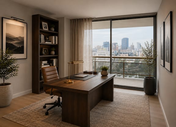 A room with a desk, chair, and a view of the city.