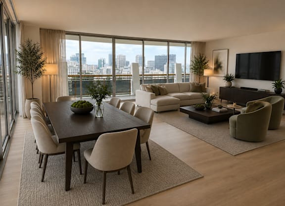 A modern living room with a large window overlooking the city.