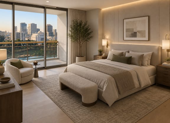 A bedroom with a large bed and a view of the city.