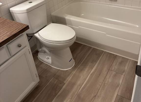 A white toilet sits next to a bathtub in a bathroom.