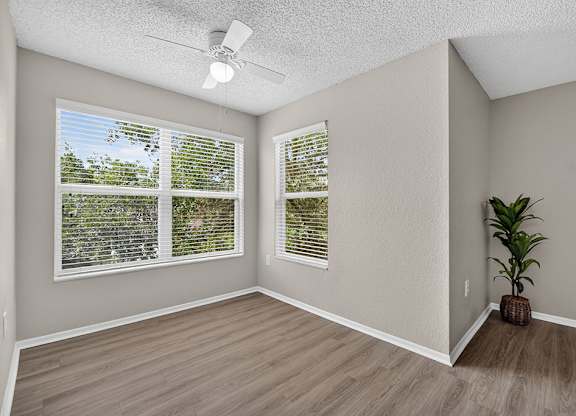 A room with a ceiling fan and a plant.