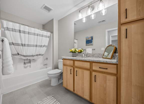 A bathroom with a toilet, sink, and a shower curtain.