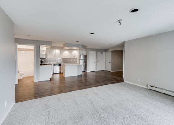 Open Concept Living Room and Kitchen with Grey Walls