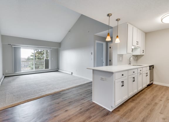 Open Concept Kitchen with Vaulted Ceilings in the Living Room