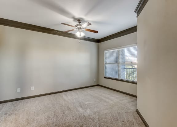 Spacious Carpeted Bedroom With Ceiling Fan