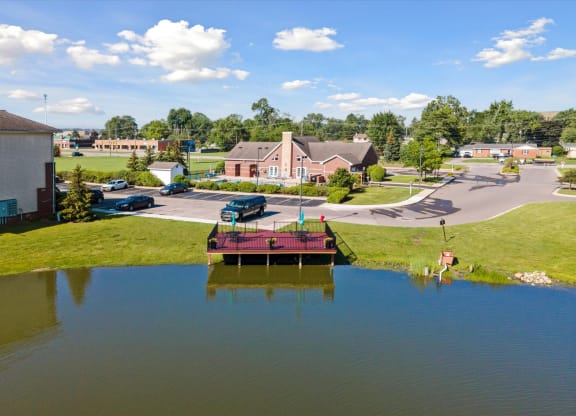 Aerial of Community Pond and Patio