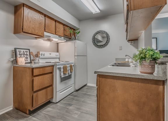 Galley Kitchen With White Appliances & Wood-Style Flooring