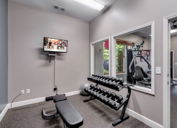 the gym with treadmills and weights at the preserve at great neck apartments