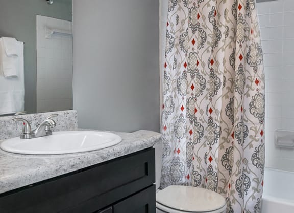 Bathroom with Wood Style Flooring and Black Vanity with Granite Countertop