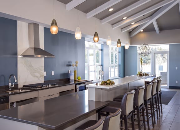 Clubroom Kitchen Area with Expansive Island and Ample Barstool Seating