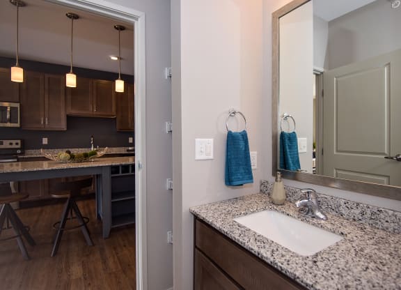 Bathroom with Built-In Shelving and Light Grey Walls