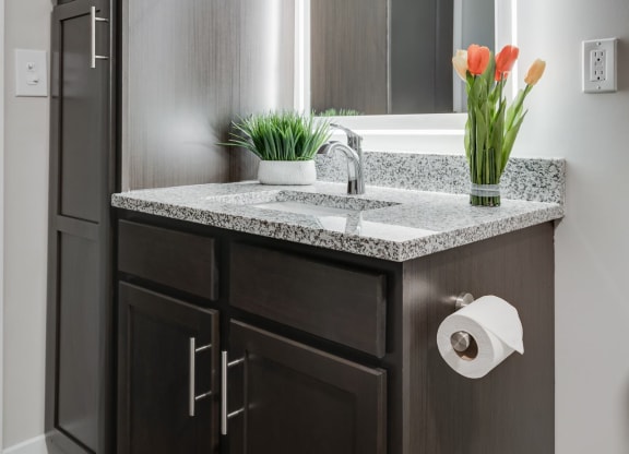Bathroom With Backlit Mirror & Built-In Storage