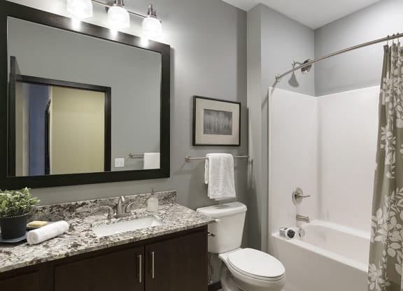 Spacious Bathroom with Granite Countertop Vanity