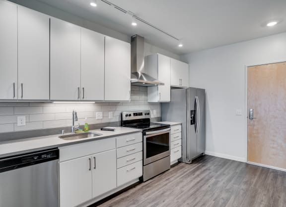 Spacious Kitchen with Grey Hardwood Style Flooring