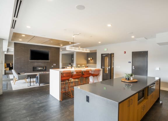 Community Room Kitchen Area & Fireplace Lounge