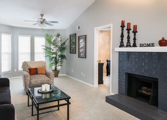 Fireplace in Living Room with Vaulted Ceilings
