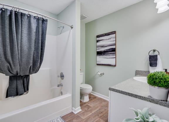Bathroom with Shower and Tub and Hardwood Style Flooring