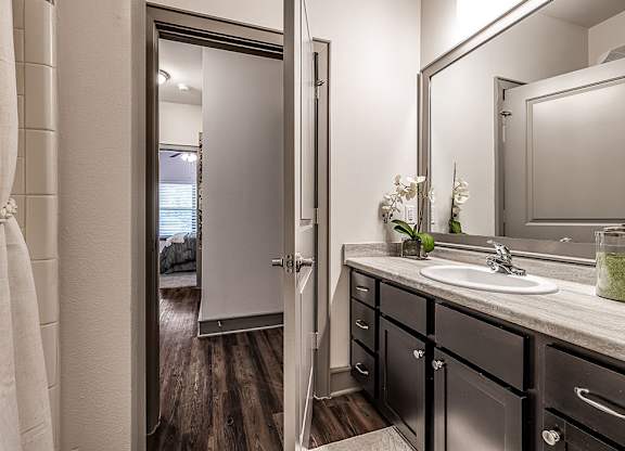 A bathroom with a sink, mirror, and a shower.