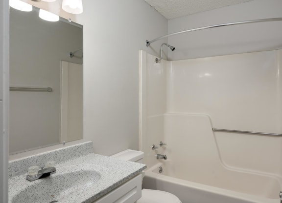Bathroom With Light Grey Walls & Shower With Tub