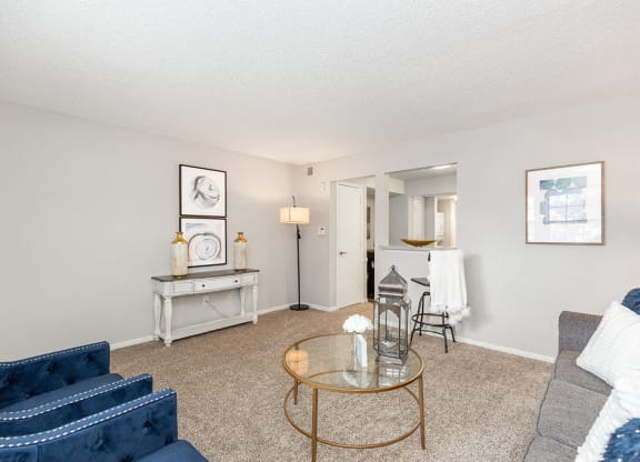 Spacious Living Room with Plush Carpet and Light Grey Walls