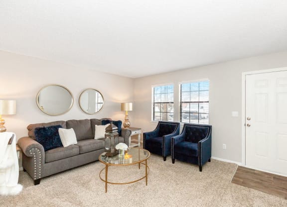 Plush Carpet in the Living Room with Wood Style Flooring at the Door Entry Way