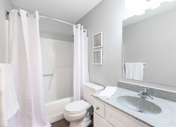 Renovated Bathroom with White Vanity and Grey Countertop