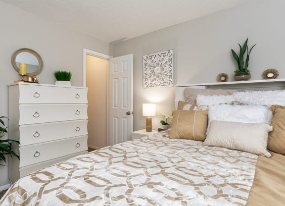 Bedroom with Plush Carpeting and Grey Beige Wall Colors