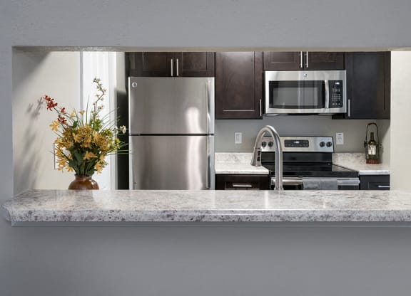 Kitchen with Peek Through with Granite Countertops and Stainless Steel Appliances