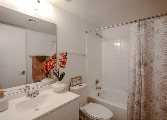 A white bathroom with a toilet, sink, and shower.