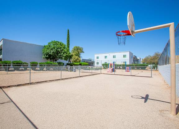A basketball court with a basketball hoop and a net.
