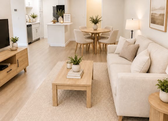 A living room with a white couch, a wooden coffee table, and a ceiling fan.