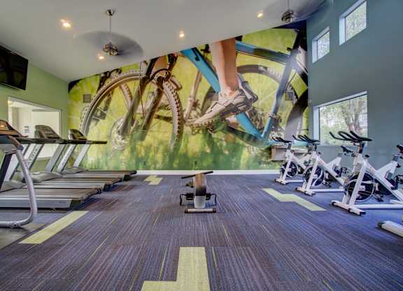 A gym with treadmills, elliptical machines, and a wall mural of a person riding a bike.
