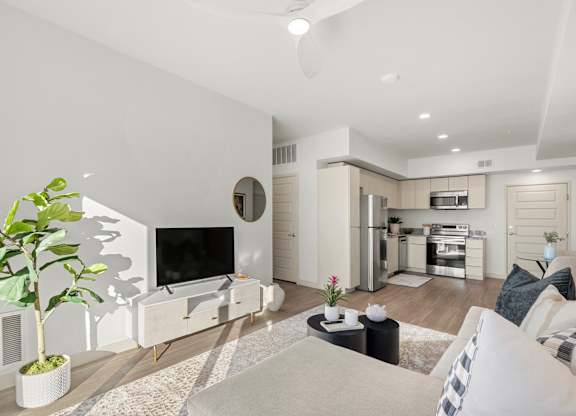 Livingroom and Kitchen in Two Bedroom and Two Bath at Lucero Apartment Homes in Phoenix Arizon