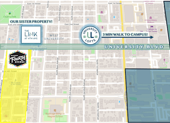 A map of a university area with a 3-minute walk to campus.