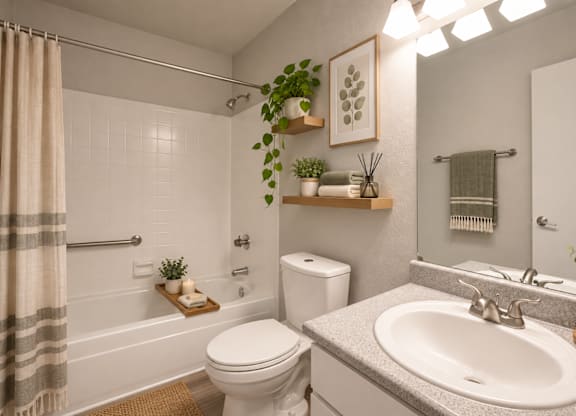 A bathroom with a toilet, sink, and a shower.