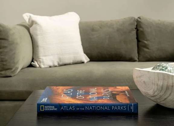 A living room with a grey couch, a coffee table with a book and a bowl on it, and two framed pictures of succulents on the wall.