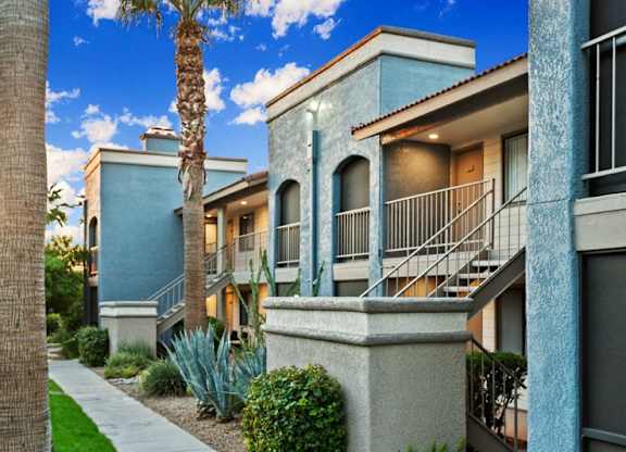 A row of houses with a palm tree in front of the first one.