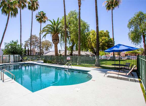 A pool surrounded by palm trees and a blue umbrella.