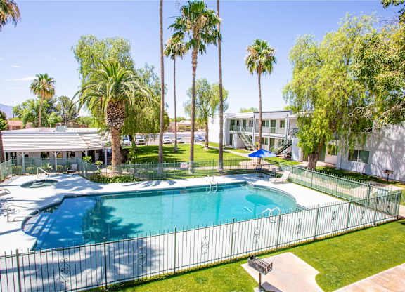 A pool surrounded by a fence and palm trees.