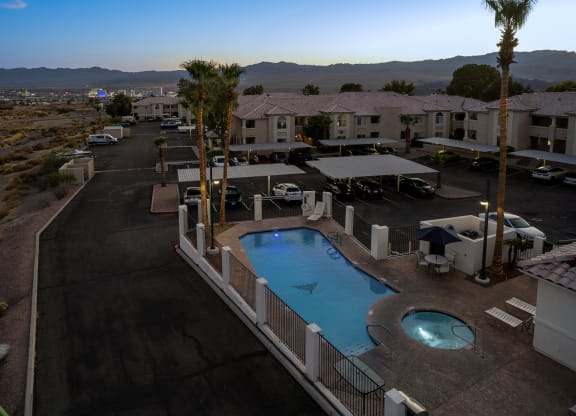 Pool at night Stone Ridge Apartments