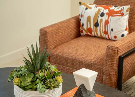 A chair with a pillow and a plant on a table.