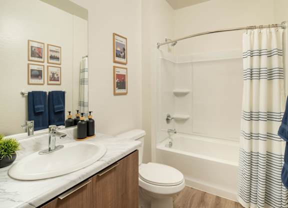 A white bathroom with a toilet, sink, and shower.