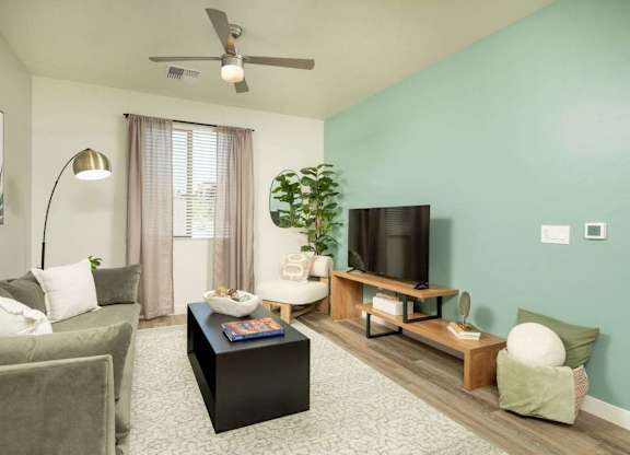A living room with a grey couch, a black coffee table, a flat screen TV, and a ceiling fan.