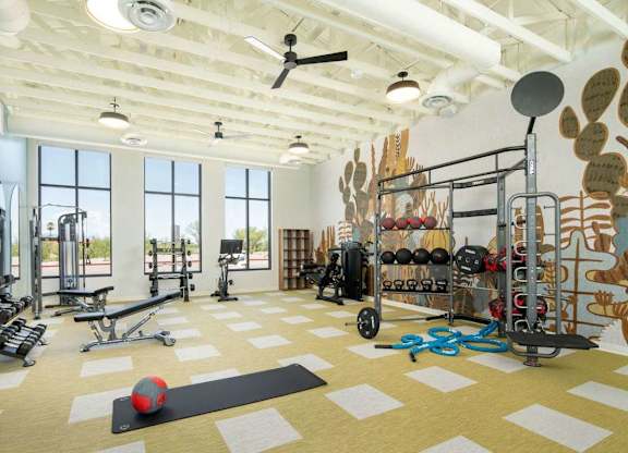 A gym with a variety of equipment including weights and a bench.