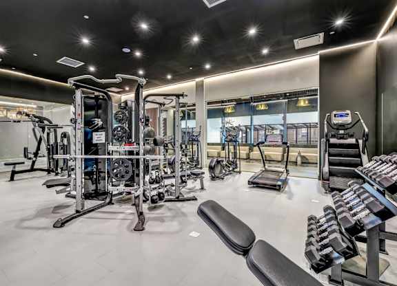 a gym with weights and cardio equipment at the mansion at Up House, Farmington, CT