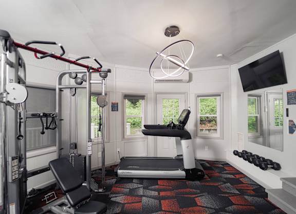 a gym with exercise equipment and a tv at Woodbury Knoll, Woodbury Connecticut
