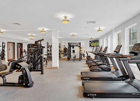 A gym with treadmills and other exercise equipment.