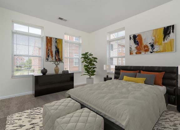 a bedroom with a bed and two windows